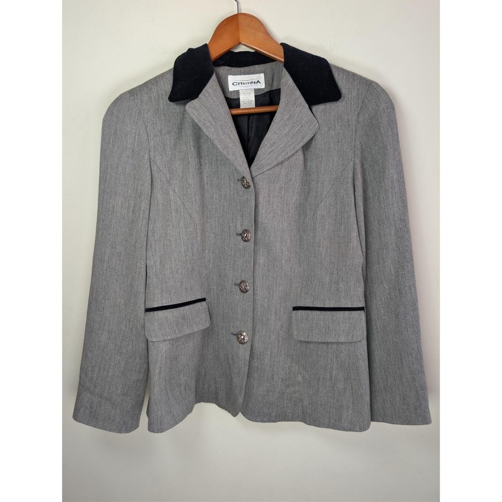 Vintage Christina Gray Blazer Velvet Collar Crest Buttons 90s Academia Size M